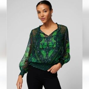 White House Black Market Vibrant Green and Black Floral Blouse